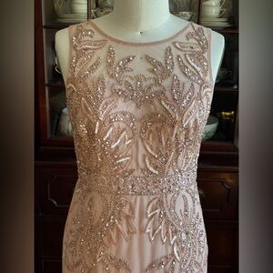 Champagne Blush Beaded Column Evening Gown Adrianna Papell